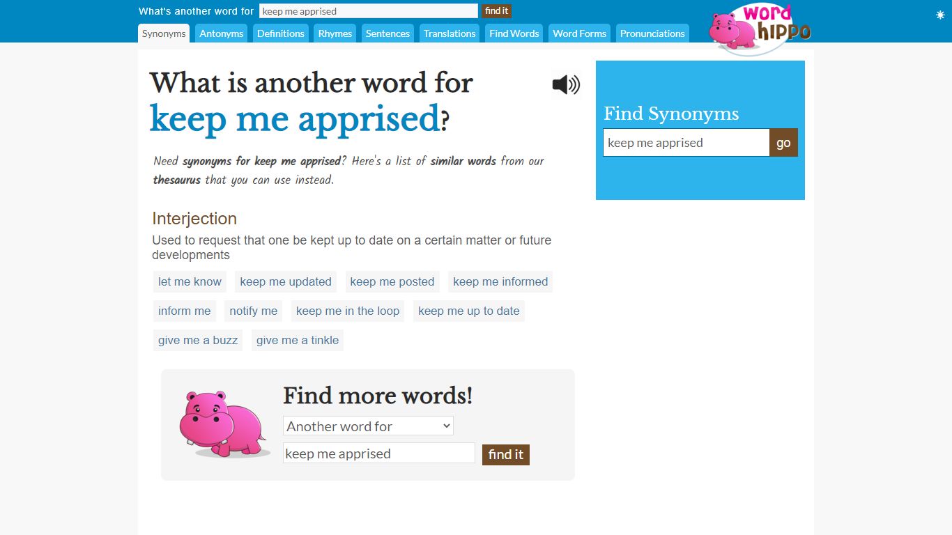 What is another word for keep me apprised - WordHippo